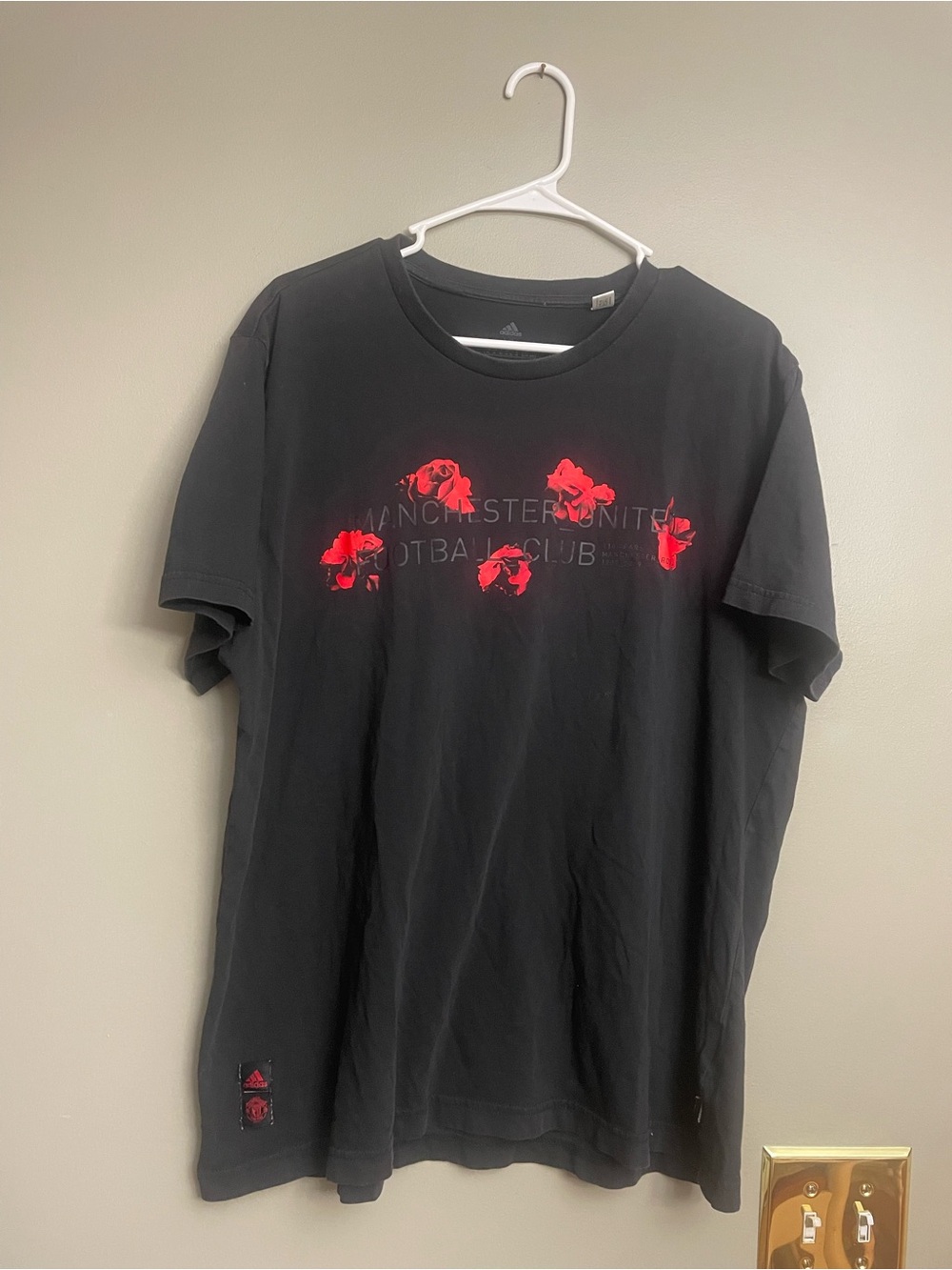 adidas Manchester United Football Black Tee with Red Floral Crest Accents